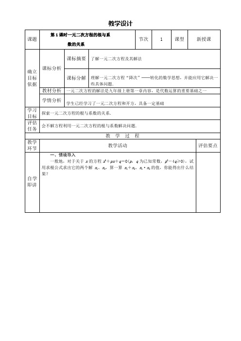 初中数学《一元二次方程的根与系数的关系》教案