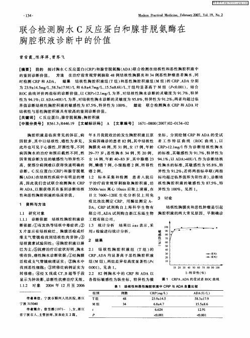 联合检测胸水C反应蛋白和腺苷脱氨酶在胸腔积液诊断中的价值