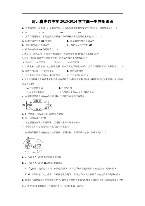 高一生物月考试题带答案-河北省枣强中学2013-2014学年高一周练四