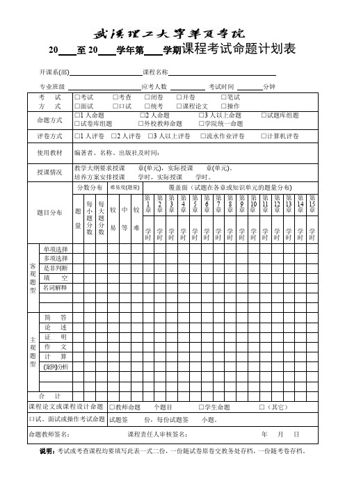 20 至20 学年第 学期课程考试命题计划表