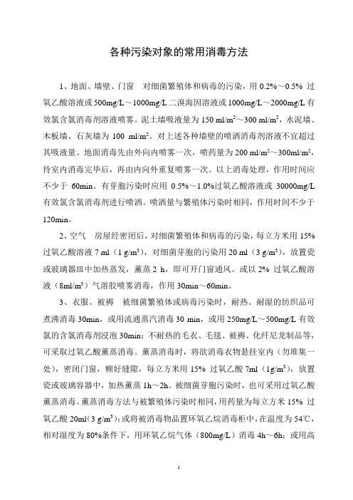 各种污染对象常用消毒方法