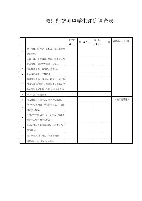 教师师德师风学生评价调查表