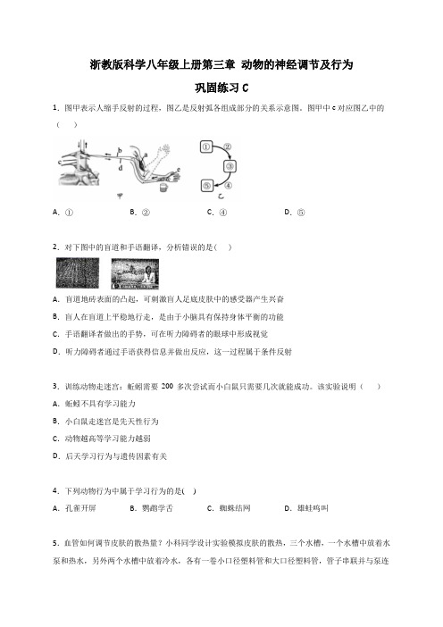 浙教版科学八年级上册第三章 动物的神经调节及行为