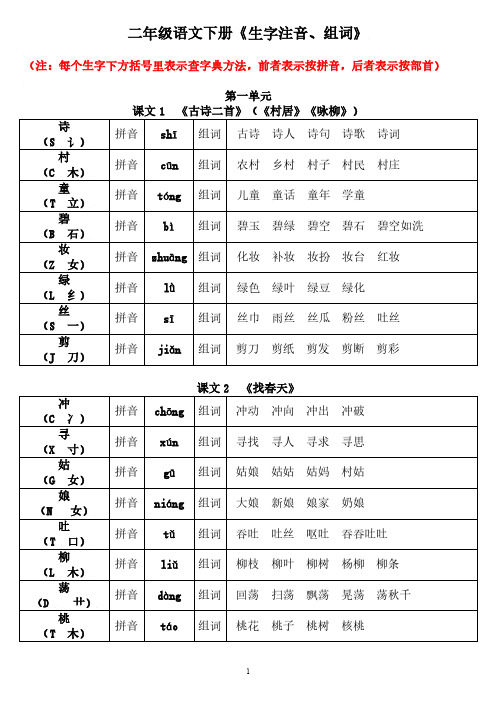 二年级语文下册生字注音、组词