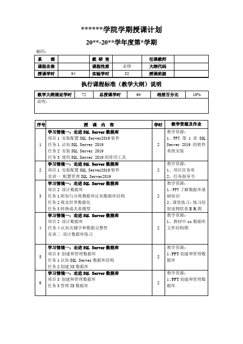 58684数据库管理与开发项目教程(SQLServer2019)(微课版)(第3版)-授课计划.do