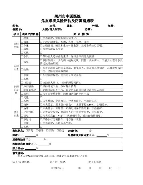 危重患者风险评估及防范措施表