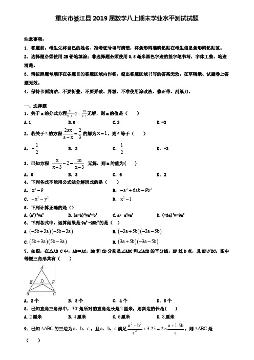 重庆市綦江县2019届数学八上期末学业水平测试试题