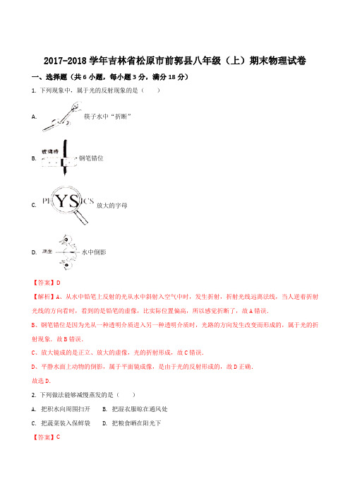 吉林省松原市前郭县2017-2018学年八年级上学期期末考试物理试题(解析版)