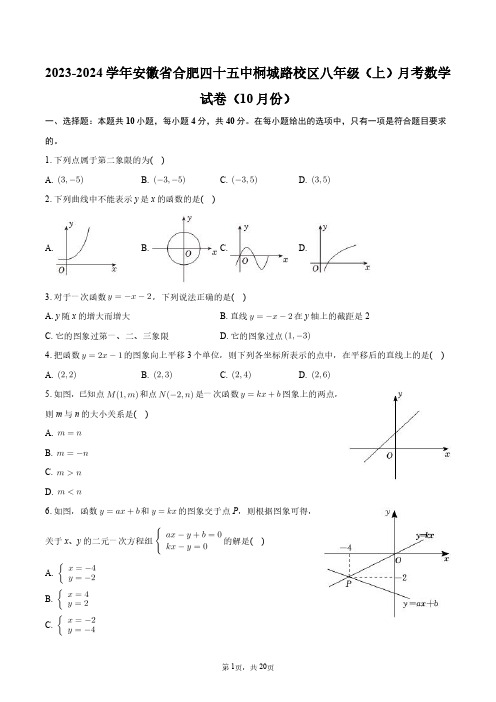 2023-2024学年安徽省合肥四十五中桐城路校区八年级(上)月考数学试卷(10月份)+答案解析