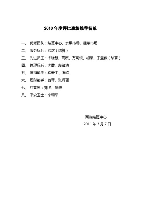 2010年度评比表彰名单及相关材料结算中心