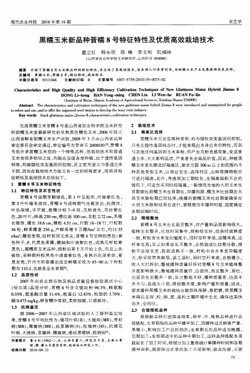 黑糯玉米新品种晋糯8号特征特性及优质高效栽培技术