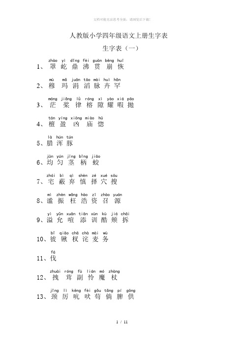 小学四年级语文生字表(上下册)