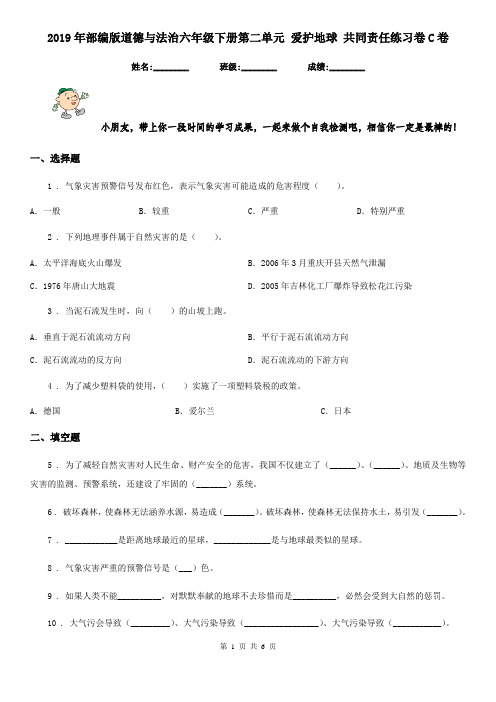 2019年部编版道德与法治六年级下册第二单元 爱护地球 共同责任练习卷C卷
