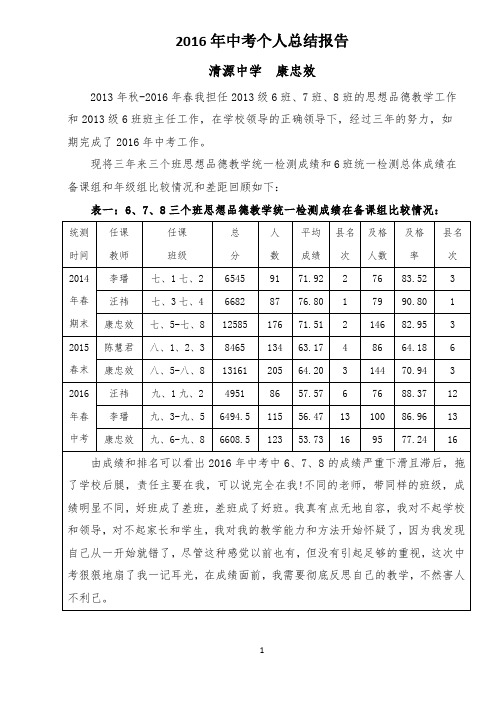 2016年中考个人总结报告