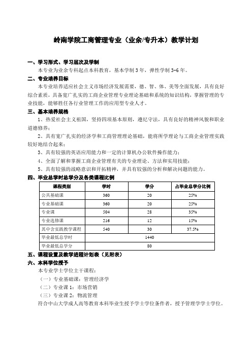 2013级中山大学岭南学院成人本科(金融、工商、国贸)培养计划