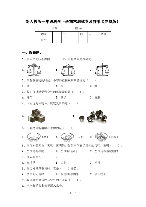 新人教版一年级科学下册期末测试卷及答案【完整版】