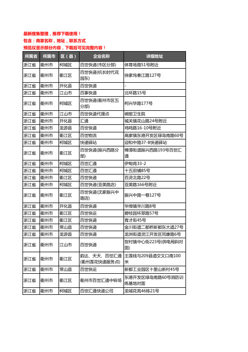 新版浙江省衢州市百世汇通企业公司商家户名录单联系方式地址大全26家