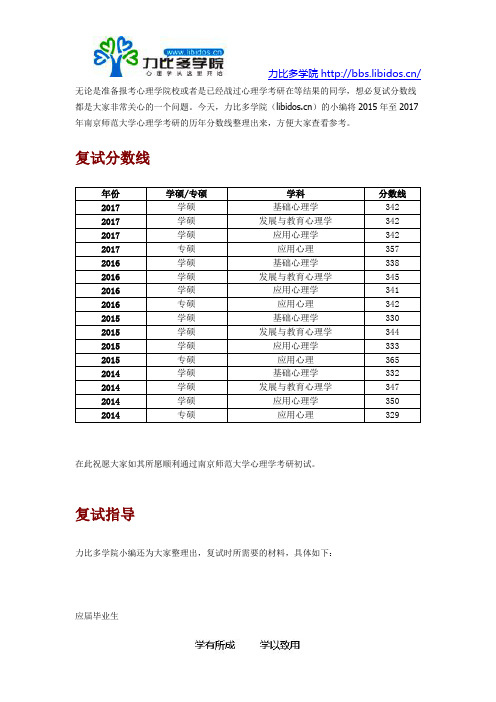 2015-2017南京师范大学心理学考研历年复试分数线