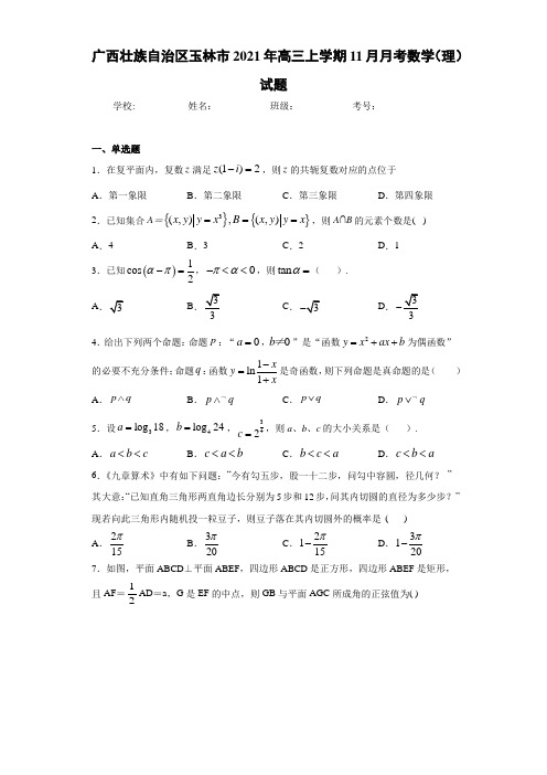 广西壮族自治区玉林市2021年高三上学期11月月考数学(理)试题