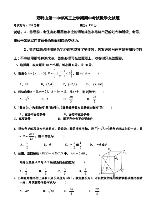 黑龙江省双鸭山一中2014届高三上学期期中数学文试题(含答案)