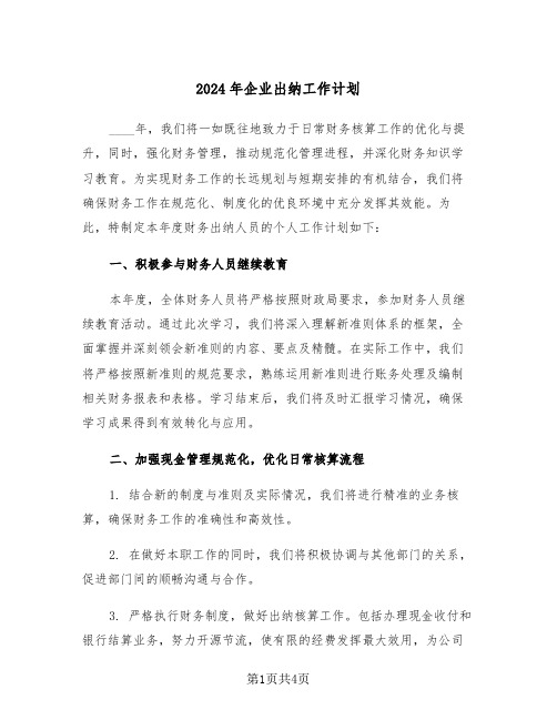 2024年企业出纳工作计划（二篇）