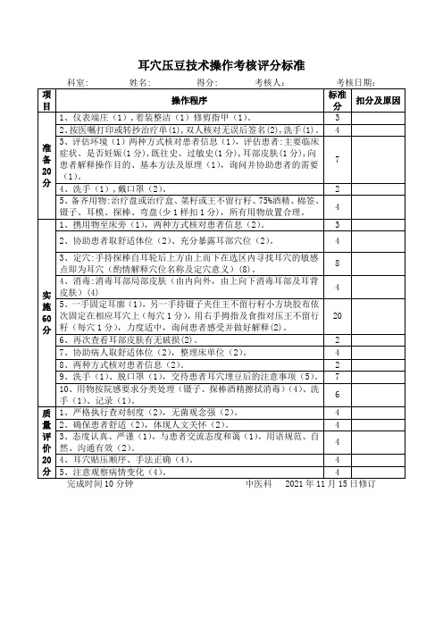 耳穴压豆技术操作考核评分标准