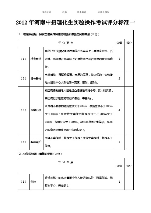 2012年河南省中招理化生实验操作考试评分表(扣分点)