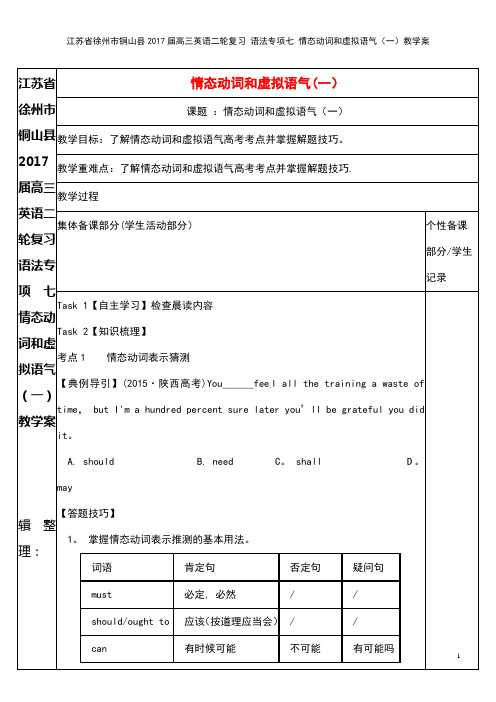 高三英语二轮复习 语法专项七 情态动词和虚拟语气(一)教学案(2021年整理)