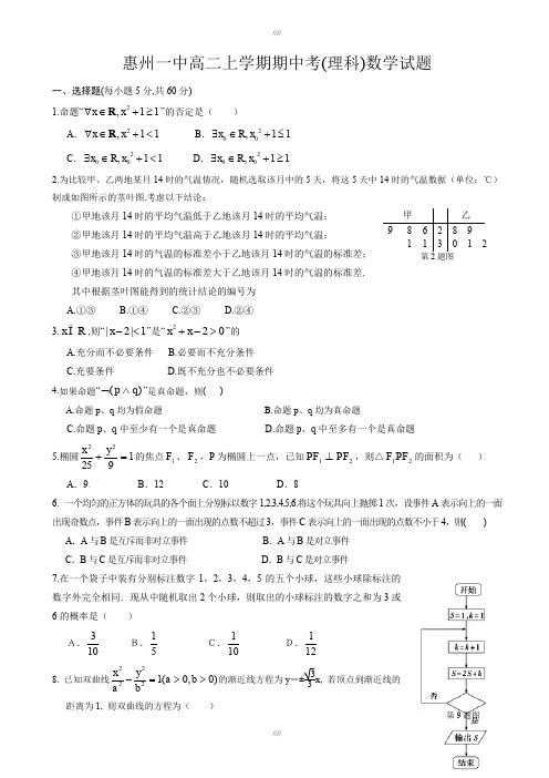 广东省惠州市第一中学2019-2020学年高二上学期期中考试数学(理)试题(有答案)(加精)