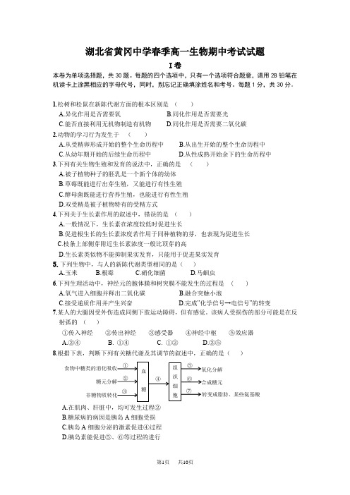 高一下学期期中考试生物试题卷