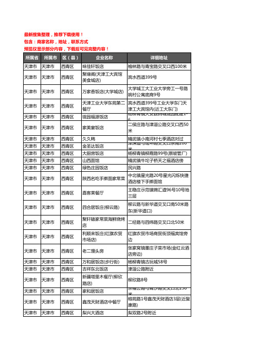 新版天津市天津市西青区酒店餐饮企业公司商家户名录单联系方式地址大全219家