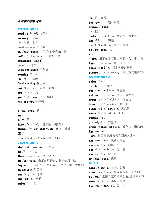 七年级上下册英语单词表带音标