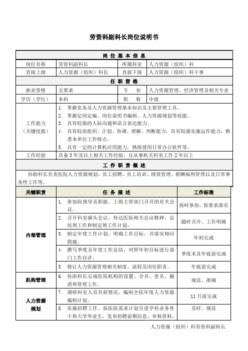 2医院劳资科副科长岗位说明书