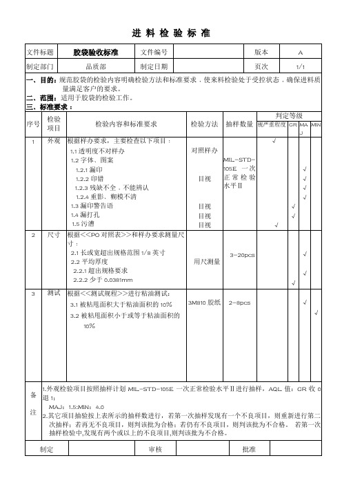 胶袋检验标准