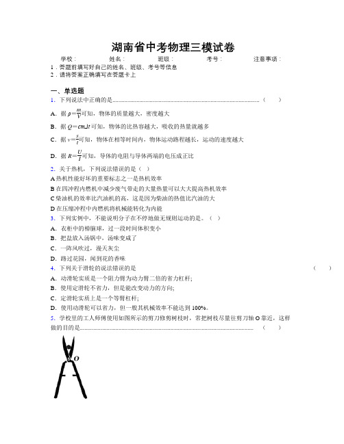 湖南省中考物理三模试卷附解析