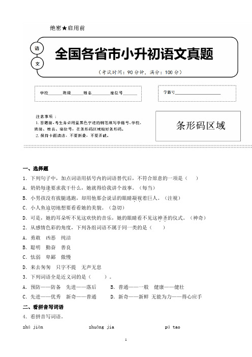 【小升初】2020年宁夏石嘴山市小升初语文毕业会考试题含答案(全网唯一)