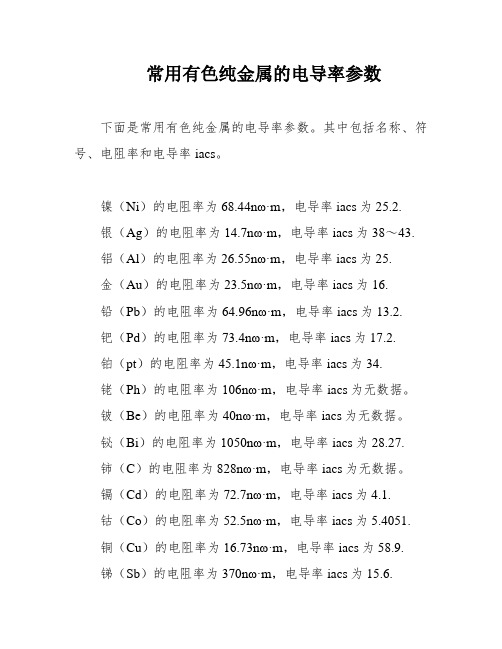 常用有色纯金属的电导率参数