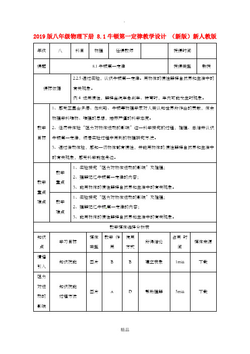 201x版八年级物理下册 8.1牛顿第一定律教学设计 新人教版