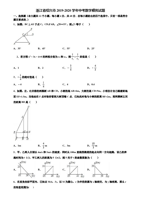 浙江省绍兴市2019-2020学年中考数学模拟试题含解析