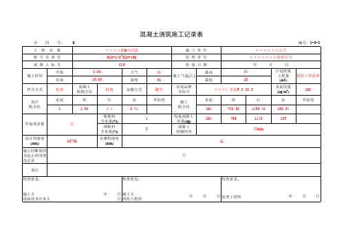 混凝土浇筑施工记录范表