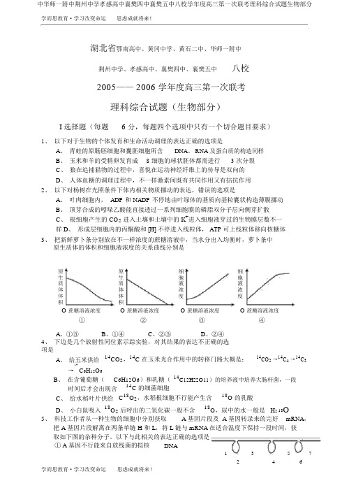 中华师一附中荆州中学孝感高中襄樊四中襄樊五中八校学年度高三第一次联考理科综合试题生物部分