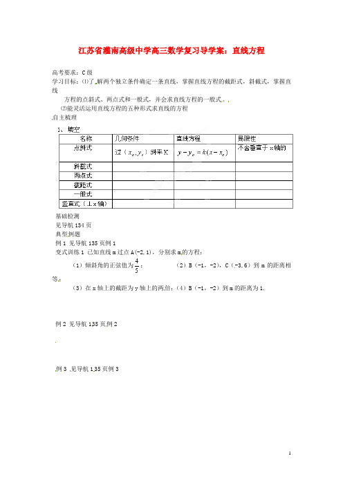 江苏省灌南高级中学高三数学 直线方程复习导学案