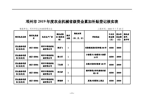 邓州市2019年度农业机械省级资金累加补贴登记核实表