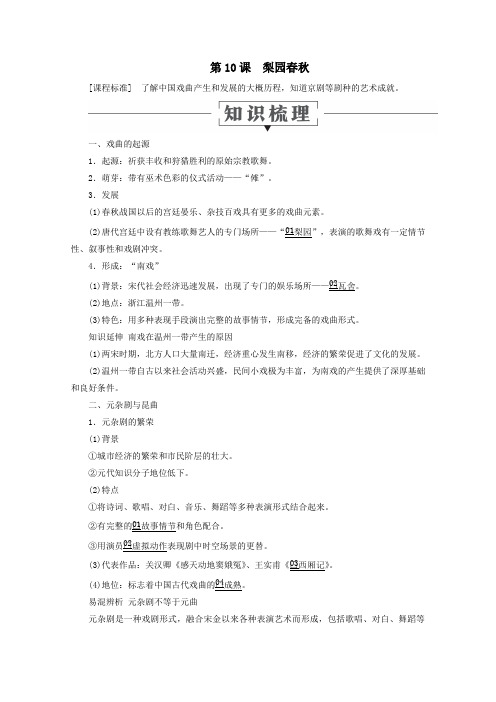 2019_2020学年高中历史第二单元中国古代文艺长廊第10课梨园春秋教学案岳麓版必修3
