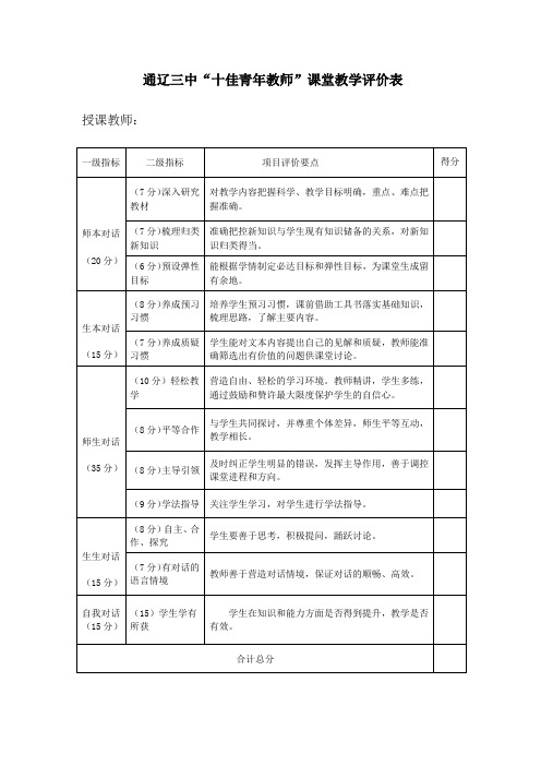 十佳青年教师课堂教学评价表