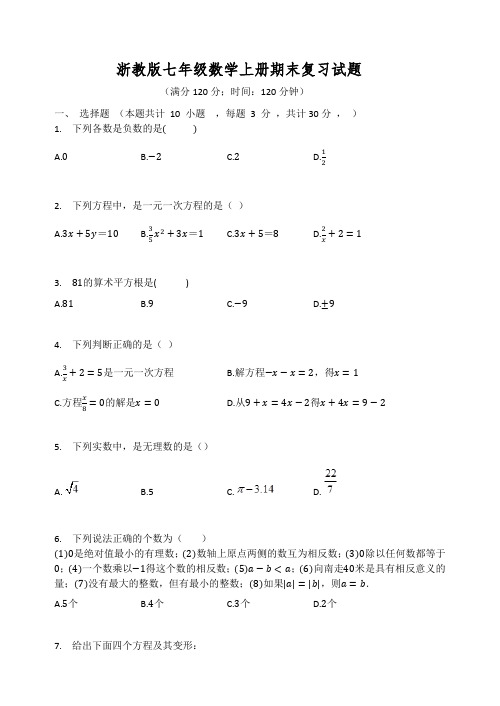 浙教版七年级数学上册期末复习试题