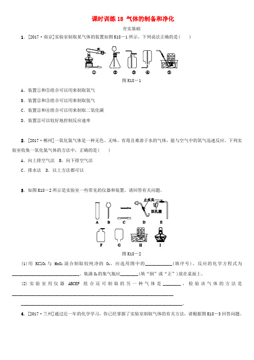 湖南省2018年中考化学复习课时训练18气体的制备和净化练习