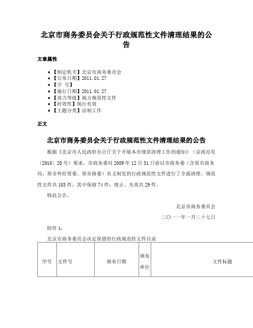 北京市商务委员会关于行政规范性文件清理结果的公告