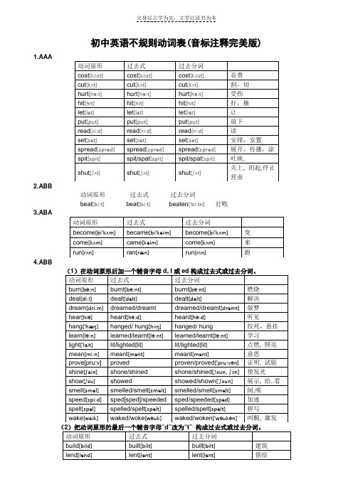 初中英语不规则动词表(音标注释完美版)