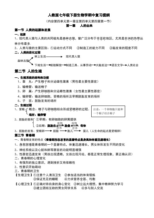 人教版七年级下册生物学期中复习